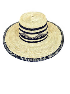 Ghanaian Straw Hats With Wide Brim Band & Leather -  Two Top Blue Stripes. Size:22-25" Cap.