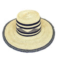 Ghanaian Straw Hats With Wide Brim Band & Leather -  Two Top Blue Stripes. Size:22-25" Cap.