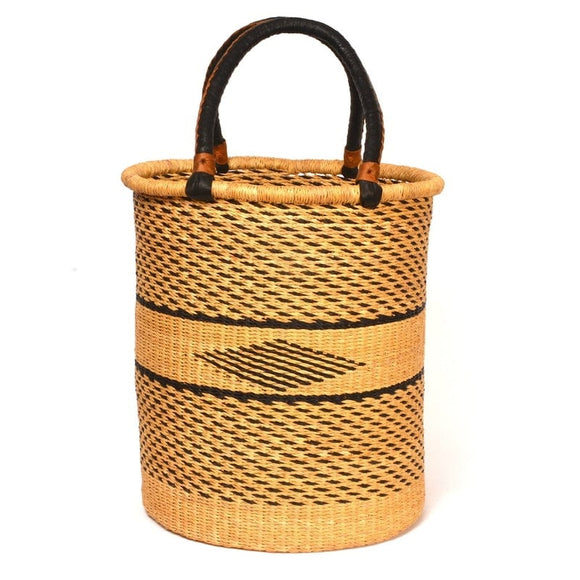 Ghana Natural and Black Diamond Large Traditional Handwoven African Ghana Laundry Basket Natural Hamper basket