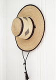 Ghanaian Straw Hats With Wide Brim Band & Leather Strap- Blue Tripe Diamond