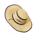 Ghanaian Straw Hats With Wide Brim Band & Leather Strap- Blue Tripe Diamond