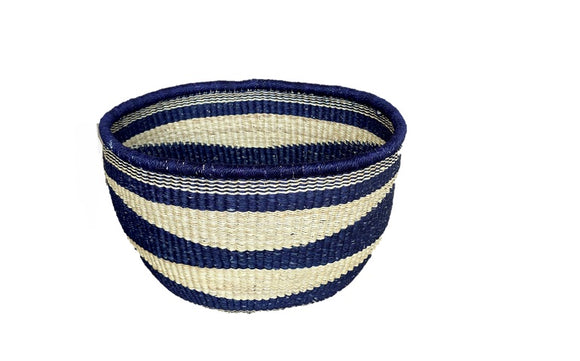 African Round Storage Bolga Ghana Woven Basket -Large  Navy Blue No Handles