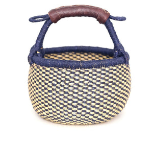 Medium Bolga Market Basket w/ Leather Wrapped Handle (Natural & Blues Colors Vary) W: 11" - 13" H: 8"-10", 1 EA