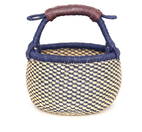 Medium Bolga Market Basket w/ Leather Wrapped Handle (Natural & Blues Colors Vary) W: 11