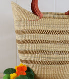 African Natural Open Wave Ghana U-Shopper Beach Tote Bag Basket - Brown Handles