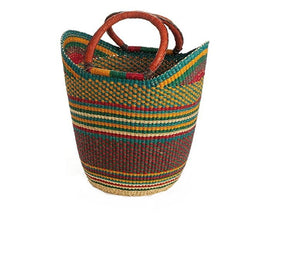 Large U-Shopper Ghana Bolga Beach Tote Bag/Basket 17-19" Across - Orange / Earth Tone - Brown Handles