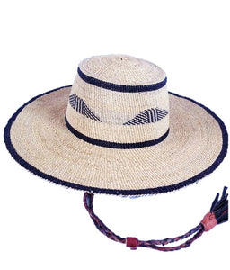 Ghanaian Straw Hats With Wide Brim Band & Leather Strap- Blue Tripe Diamond