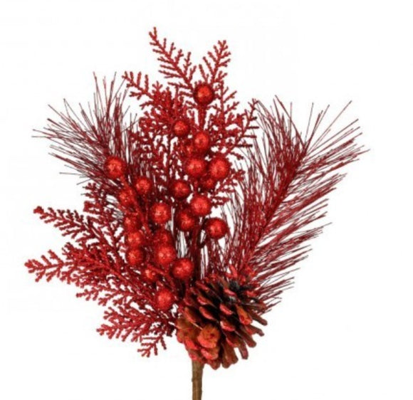 13” Glitter Berry/Cedar/Pinecone Pick Christmas Spray - Red