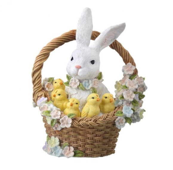 Bunny and Chicks in Flower Basket Figurine, 9.25 inches