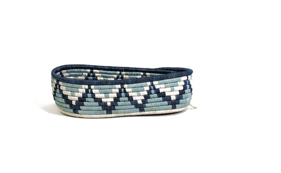 African Rwanda Woven Oval Bread Basket for Storage, Organization or Serving | Great for Remote Controller Storage or Baby Diapers and Wipes or Serving Bread on The Table Silver Blue - 11