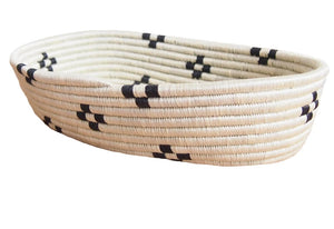 HAND OVAL WOVEN MARABA BREAD BASKET - WHITE AND BLACK SPOTTED- 11" long, 7" wide, 2.5" tall