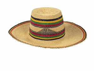 Ghanaian Straw Hats With Wide Brim Colorful Band & Leather Strap- Red & Black