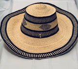 Ghanaian Straw Hats With Wide Brim Colorful Band & Leather Strap- Round of Blue & Tan