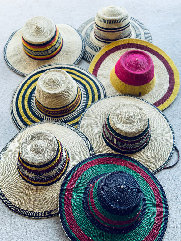Ghanaian Straw Hats With Wide Brim Colorful Band & Leather Strap-Colors Vary