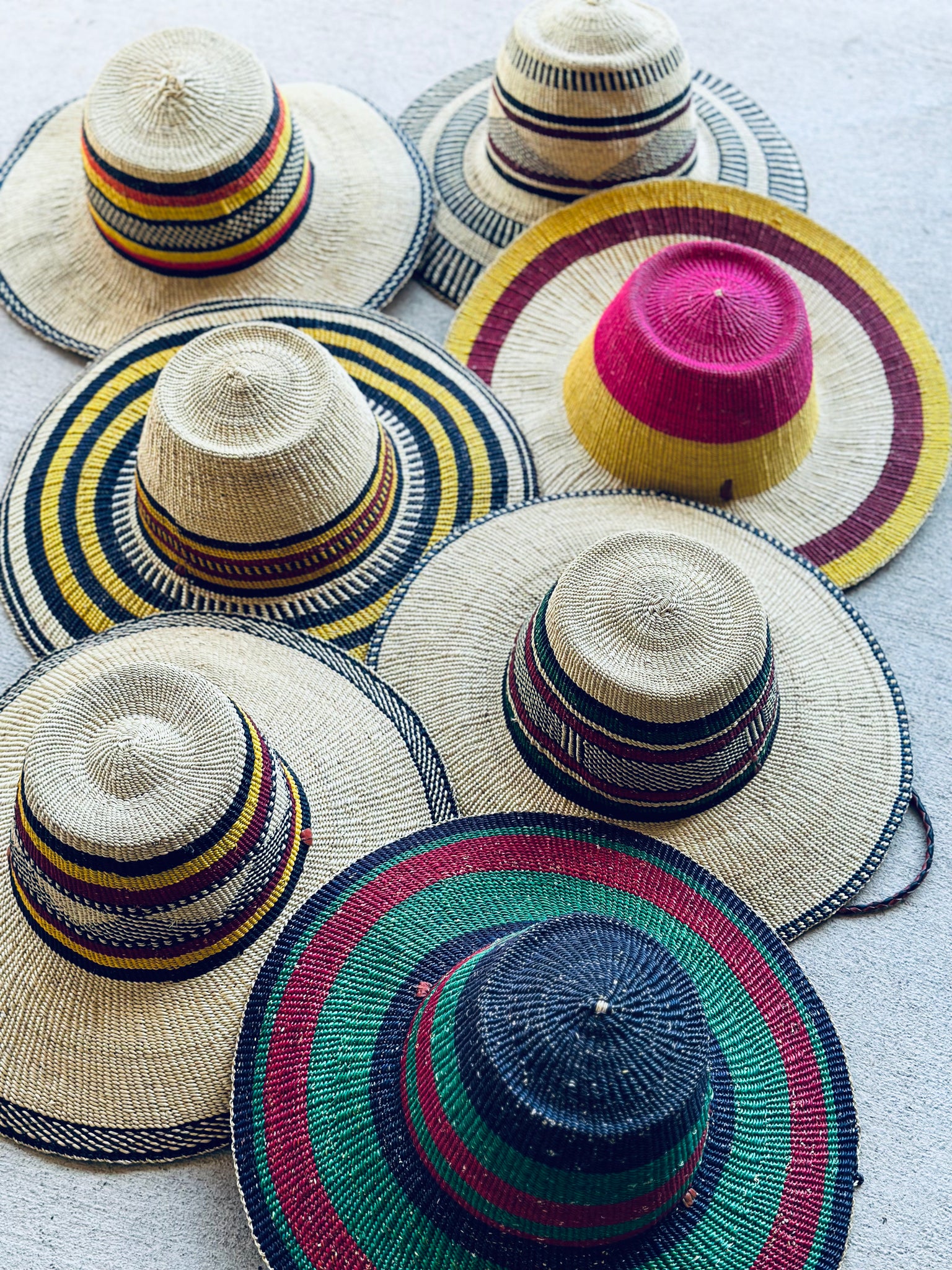Ghanaian Straw Hats With Wide Brim Colorful Band Leather Strap