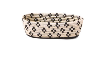 African Rwanda Woven Oval Bread Basket for Storage, Organization or Serving | Great for Remote Controller Storage or Baby Diapers and Wipes or Serving Bread on The Table - 11" long, 7" wide, 2.5" tall  White & Black