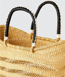 African Natural Open Wave Ghana U-Shopper Beach Tote Bag Basket - Big Rim Black & Tan Handles